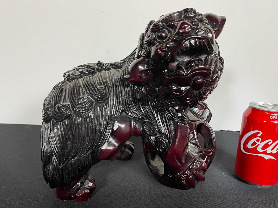Vintage Asian Carved Wooden Foo Dog With Floating Ball 10W X 7D X 10H [Photo 4]