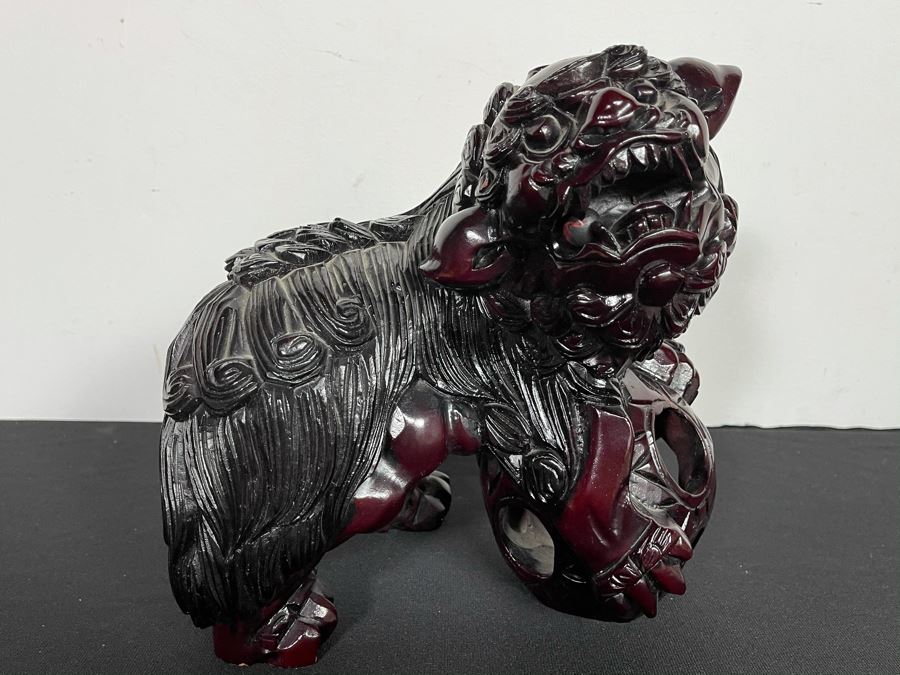 Vintage Asian Carved Wooden Foo Dog With Floating Ball 10W X 7D X 10H [Photo 5]