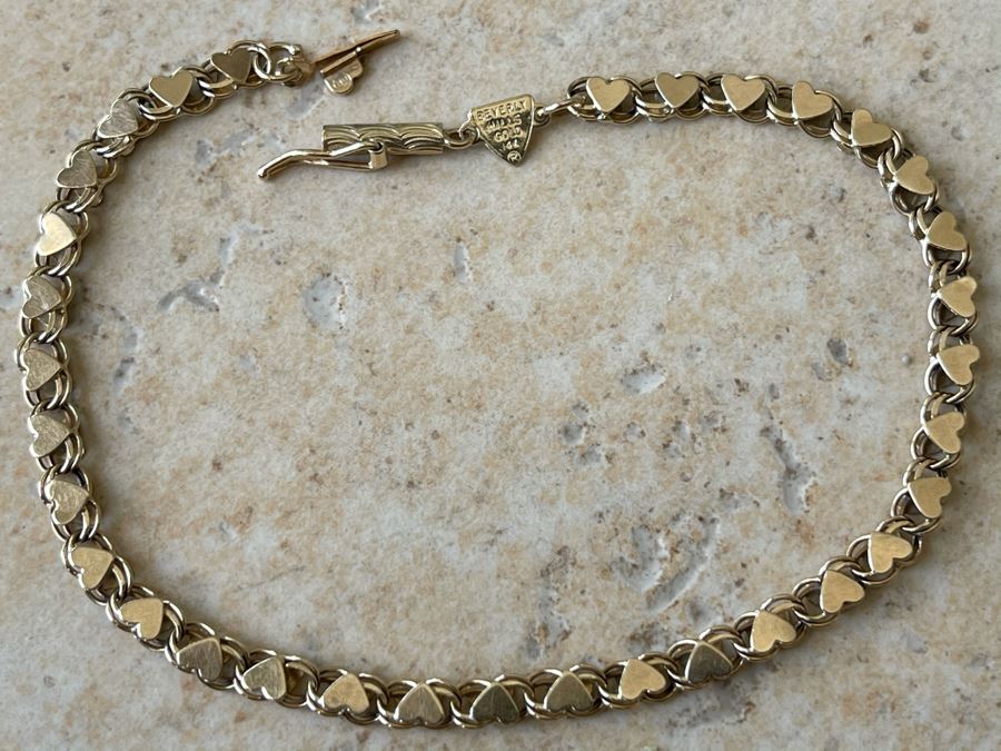 14K Gold Heart Design Bracelet By Beverly Hills Gold 7L 3.4g