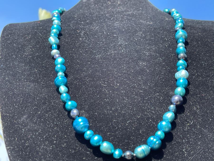 Blue Colored Pearl Necklace With Sterling Silver Clasp 36L