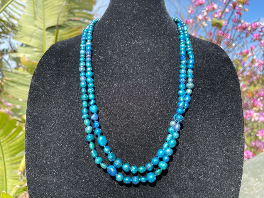 Long Blue Colored Pearl Necklace 60'L