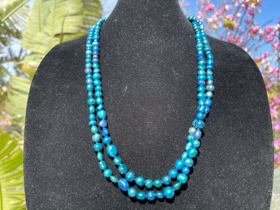 Long Blue Colored Pearl Necklace 60'L [Photo 3]