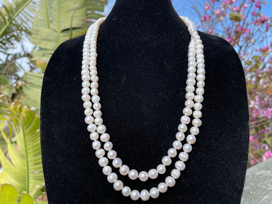 Long White Pearl Necklace With Sterling Silver Clasp 62'L