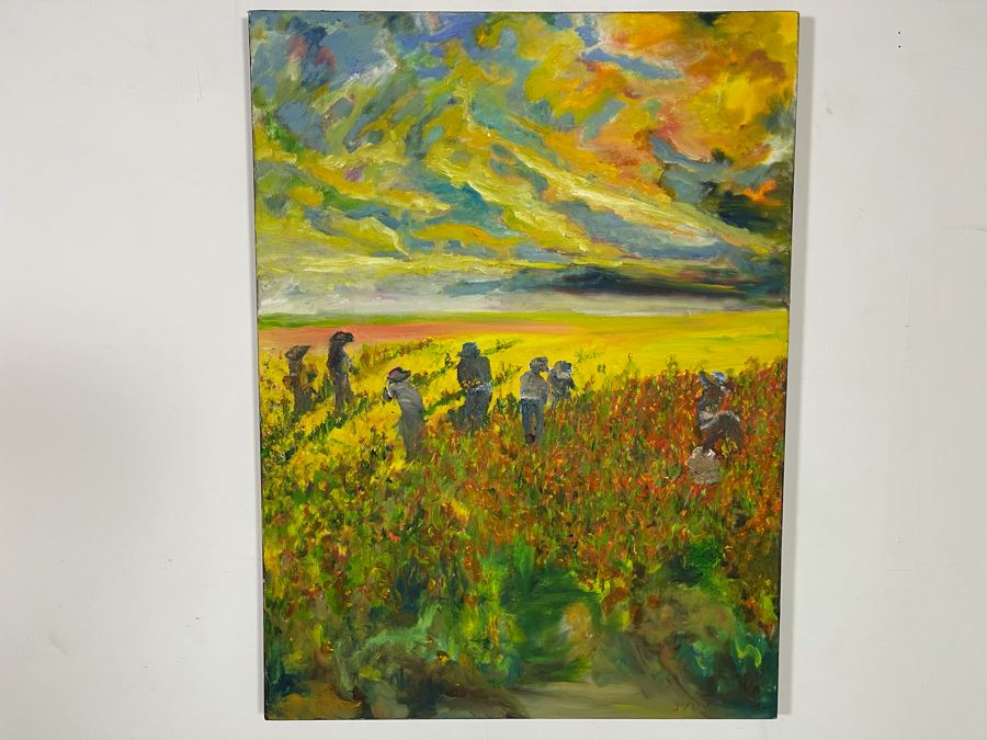 Original Joan Lohrey Oil Painting On Canvas Glowing Sky Over Flower Fields Signed JVV (Maiden Name) 30 X 40