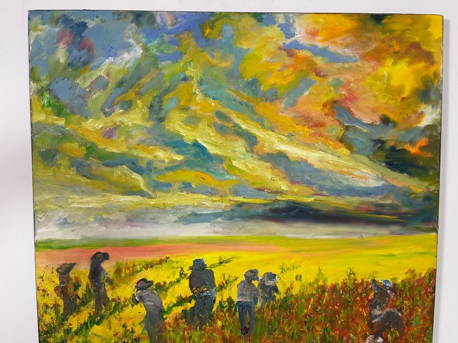 Original Joan Lohrey Oil Painting On Canvas Glowing Sky Over Flower Fields Signed JVV (Maiden Name) 30 X 40 [Photo 4]