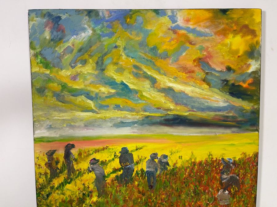 Original Joan Lohrey Oil Painting On Canvas Glowing Sky Over Flower Fields Signed JVV (Maiden Name) 30 X 40 [Photo 3]