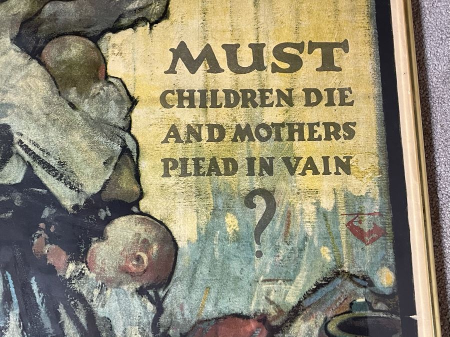 Antique 1918 Original World War I Framed Poster: 'Must Children Die And Mothers Plead In Vain?' Buy More Liberty Bonds The Sackett & Wilhelms Corp NY 1-B 30 X 40 [Photo 6]
