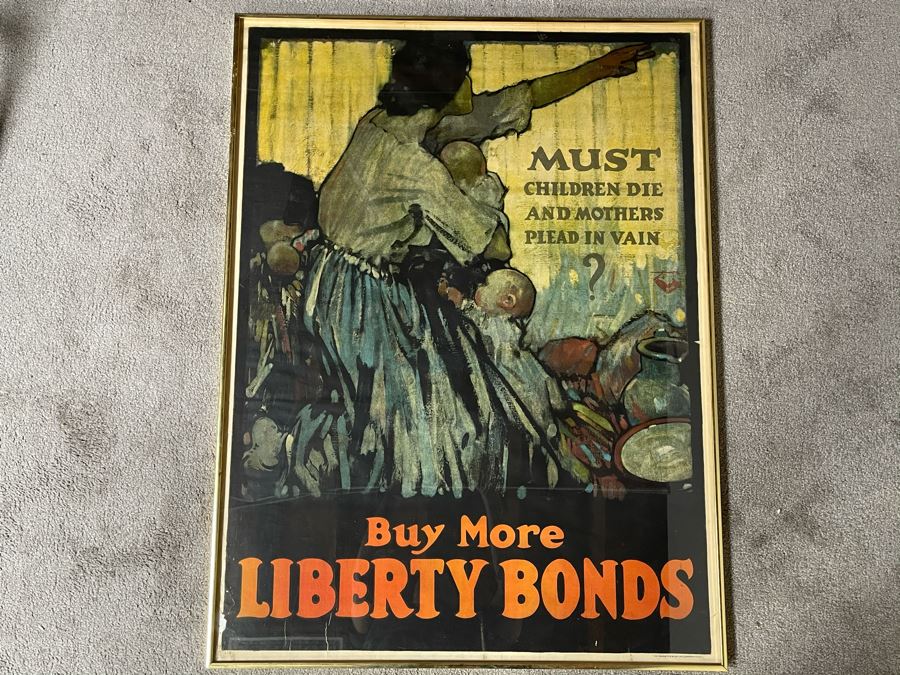 Antique 1918 Original World War I Framed Poster: 'Must Children Die And Mothers Plead In Vain?' Buy More Liberty Bonds The Sackett & Wilhelms Corp NY 1-B 30 X 40 [Photo 3]