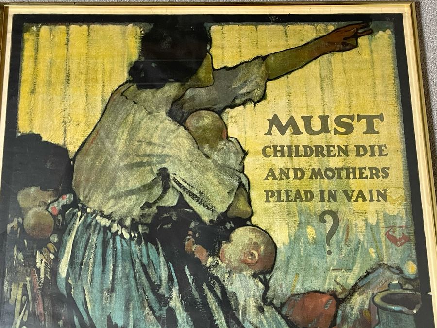 Antique 1918 Original World War I Framed Poster: 'Must Children Die And Mothers Plead In Vain?' Buy More Liberty Bonds The Sackett & Wilhelms Corp NY 1-B 30 X 40 [Photo 4]