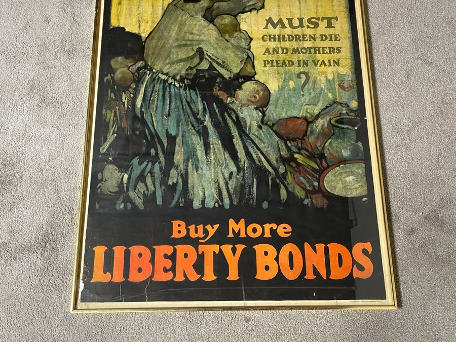Antique 1918 Original World War I Framed Poster: 'Must Children Die And Mothers Plead In Vain?' Buy More Liberty Bonds The Sackett & Wilhelms Corp NY 1-B 30 X 40 [Photo 7]