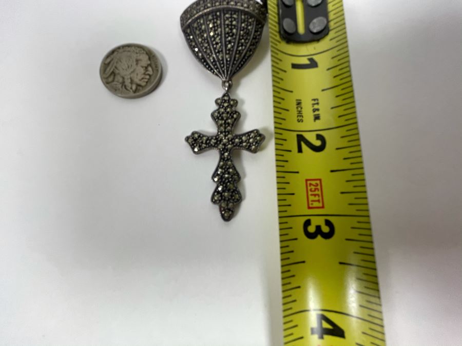 Vintage Sterling Silver Marcasite Cross Pendant 3L 13.9g [Photo 7]