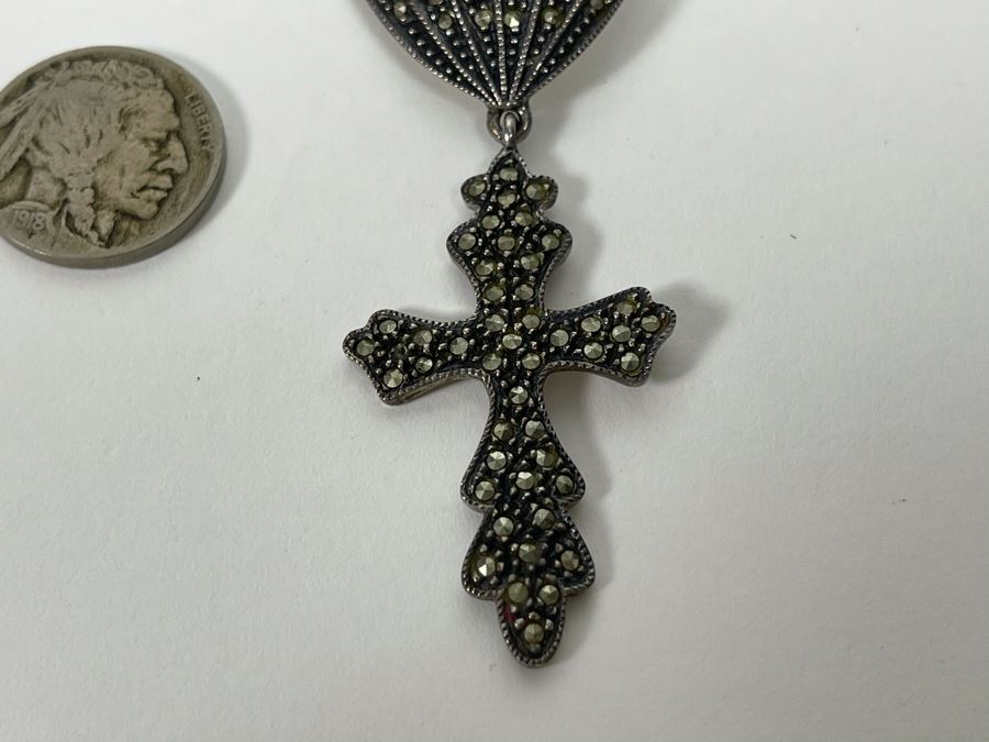 Vintage Sterling Silver Marcasite Cross Pendant 3L 13.9g [Photo 3]
