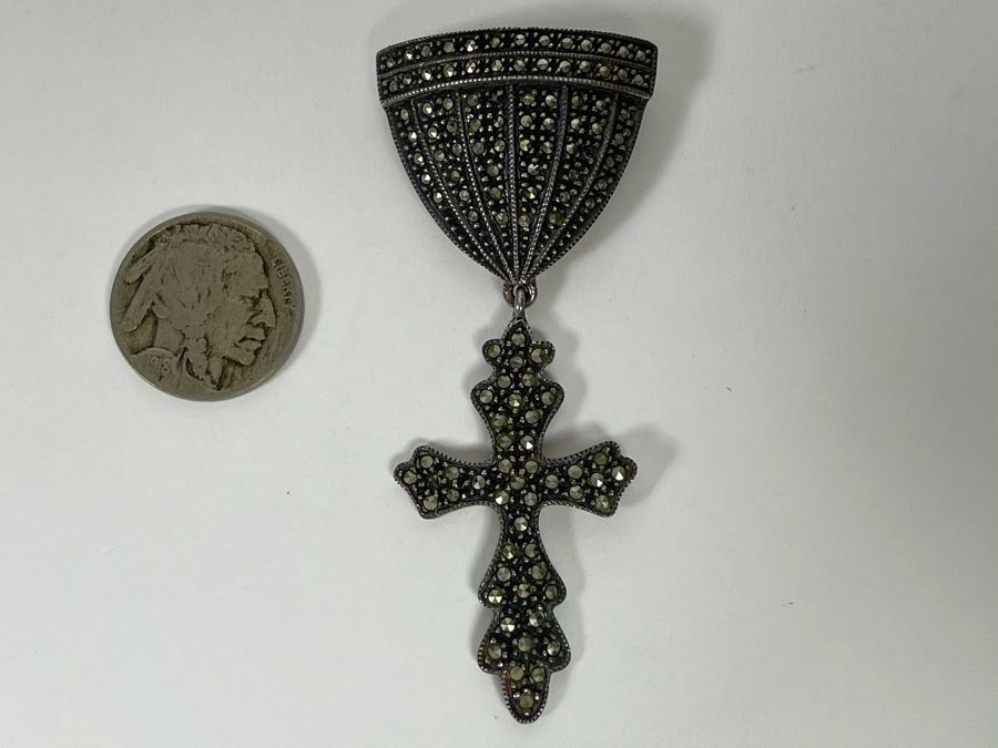 Vintage Sterling Silver Marcasite Cross Pendant 3L 13.9g [Photo 2]