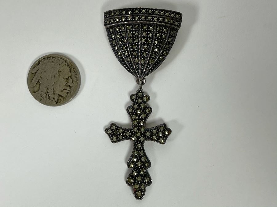 Vintage Sterling Silver Marcasite Cross Pendant 3L 13.9g [Photo 1]