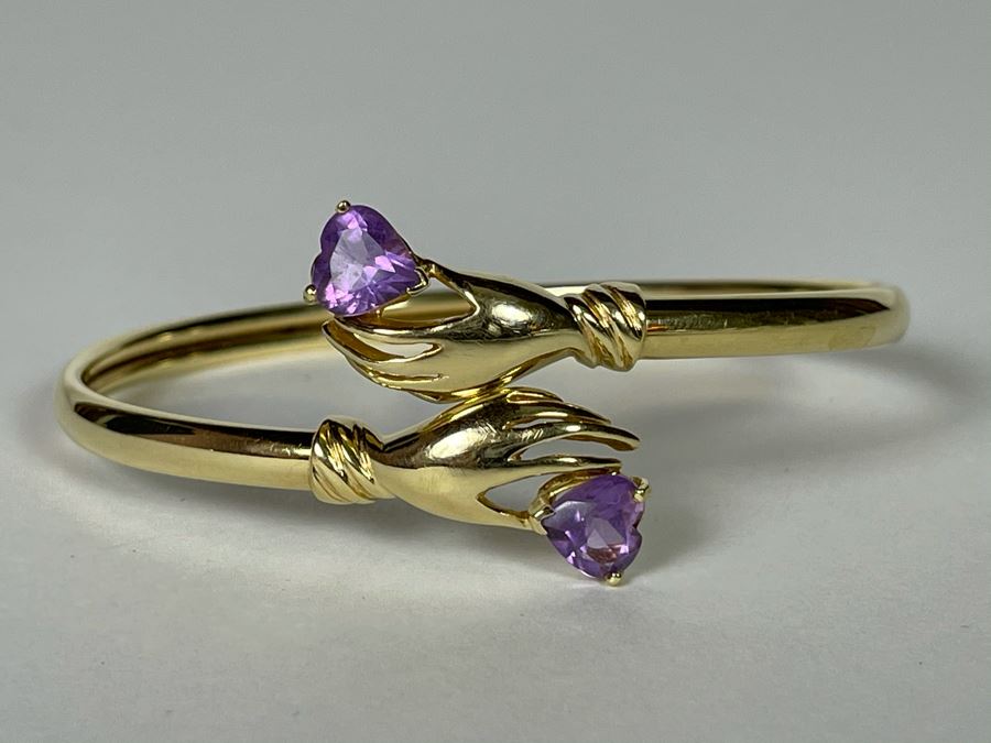14K Gold Hands Holding Amethysts Bracelet 2.5W 8.2g [Photo 4]