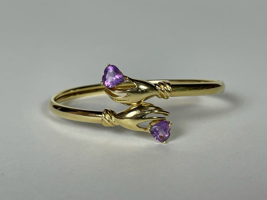 14K Gold Hands Holding Amethysts Bracelet 2.5W 8.2g [Photo 3]