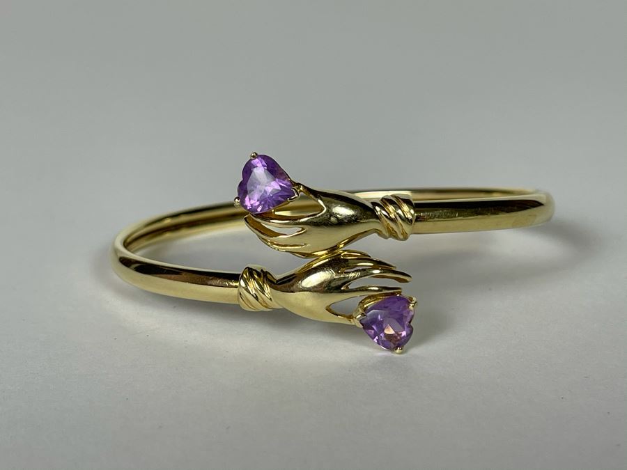 14K Gold Hands Holding Amethysts Bracelet 2.5W 8.2g [Photo 6]