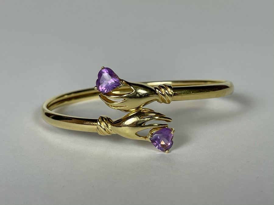 14K Gold Hands Holding Amethysts Bracelet 2.5W 8.2g [Photo 5]