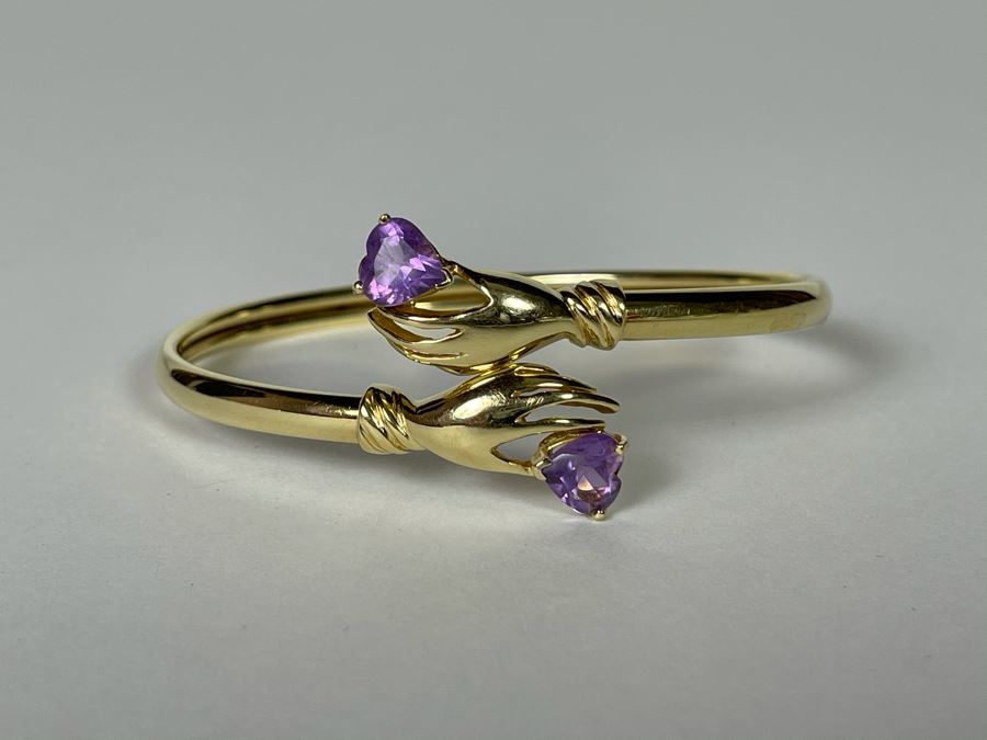 14K Gold Hands Holding Amethysts Bracelet 2.5W 8.2g [Photo 2]
