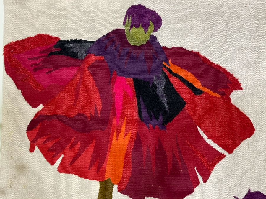 William Roberson Vintage 1977 Hand Knotted Woven Art Rug Wall Decor Signed Titled 'Poppies I' 49 X 55 [Photo 6]