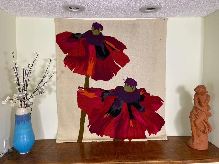 William Roberson Vintage 1977 Hand Knotted Woven Art Rug Wall Decor Signed Titled 'Poppies I' 49 X 55 [Photo 3]