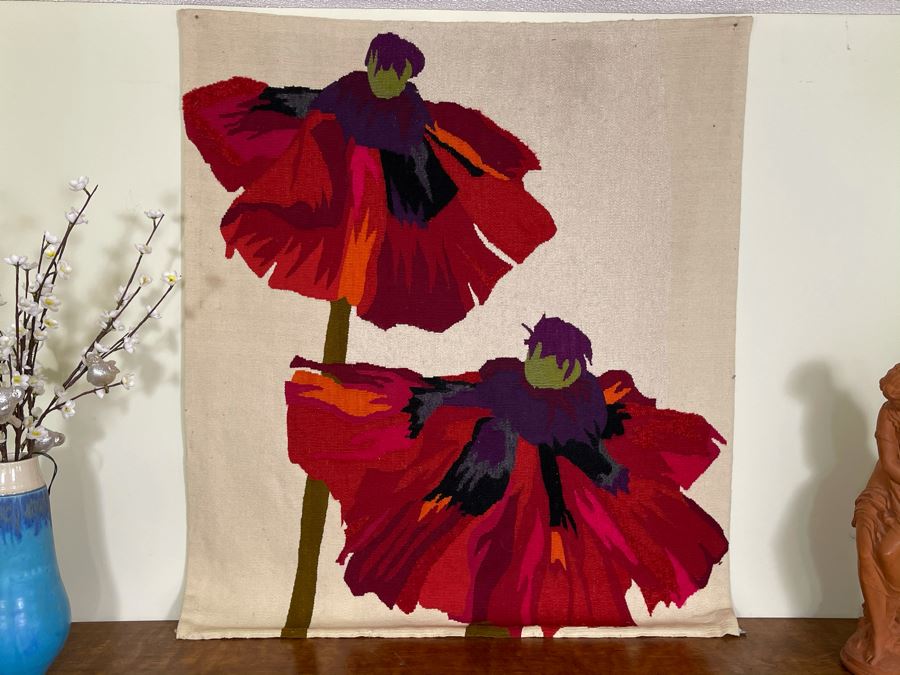William Roberson Vintage 1977 Hand Knotted Woven Art Rug Wall Decor Signed Titled 'Poppies I' 49 X 55 [Photo 4]