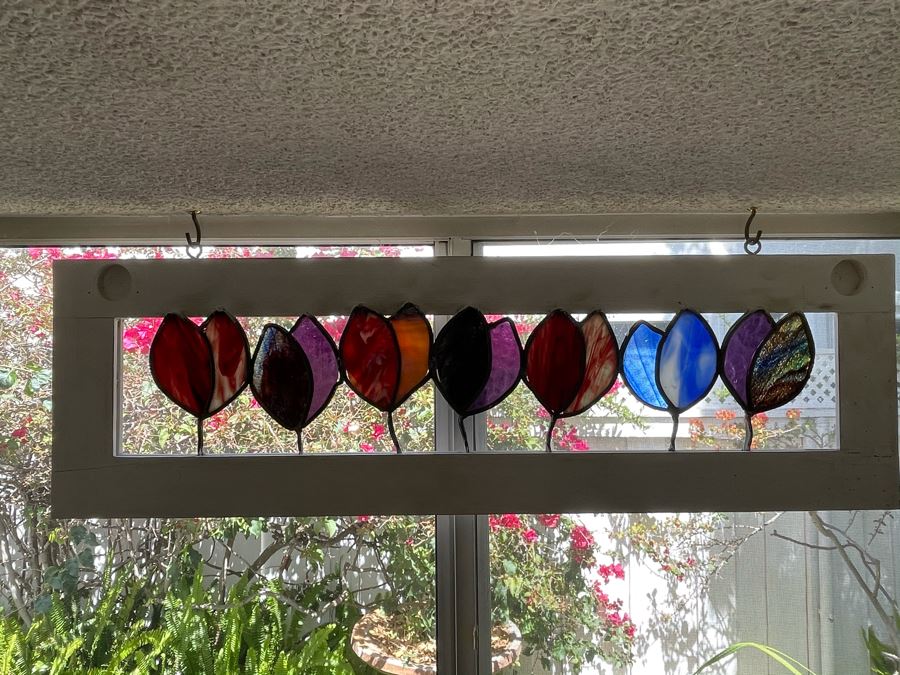 Framed Stained Glass Flowers Window 31W X 9.5H [Photo 3]