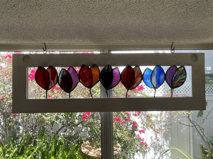 Framed Stained Glass Flowers Window 31W X 9.5H [Photo 2]