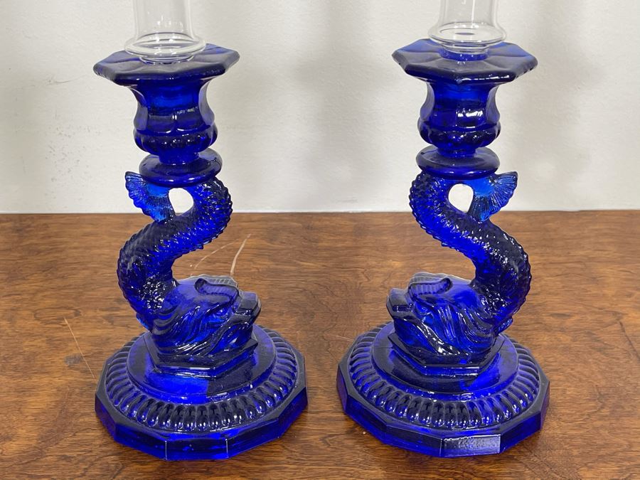 Pair Of Blue Glass Fish Dolphin Candlesticks Candle Holders 8H [Photo 2]
