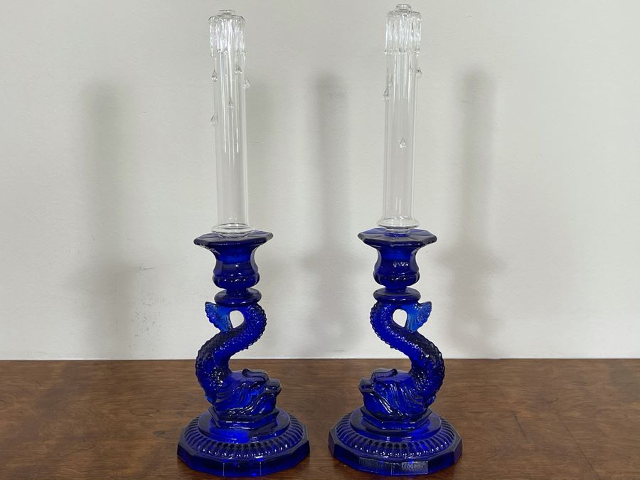 Pair Of Blue Glass Fish Dolphin Candlesticks Candle Holders 8H [Photo 3]