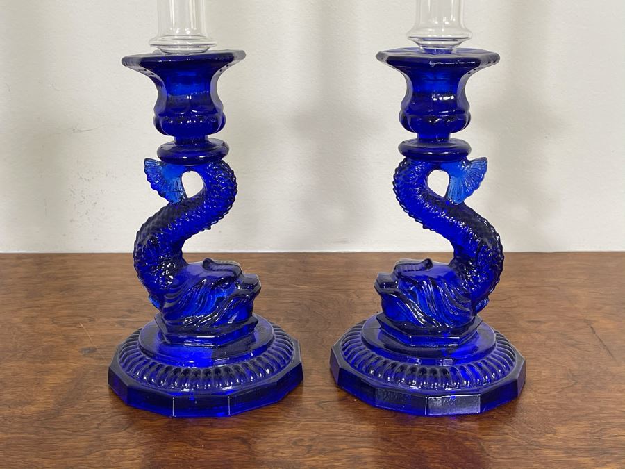 Pair Of Blue Glass Fish Dolphin Candlesticks Candle Holders 8H [Photo 1]