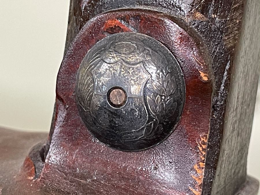 Pair Of Heavy Carved Wood And Leather Seat / Back Chairs [Photo 8]