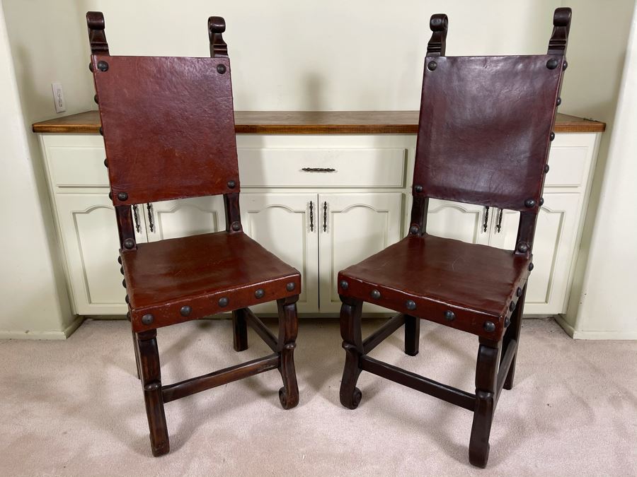 Pair Of Heavy Carved Wood And Leather Seat / Back Chairs [Photo 1]