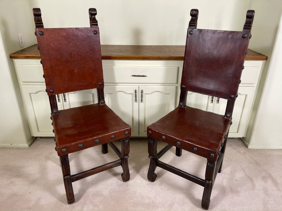 Pair Of Heavy Carved Wood And Leather Seat / Back Chairs [Photo 3]