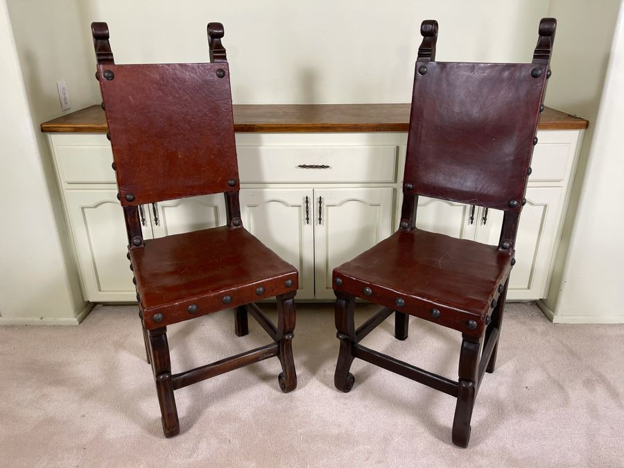 Pair Of Heavy Carved Wood And Leather Seat / Back Chairs [Photo 2]