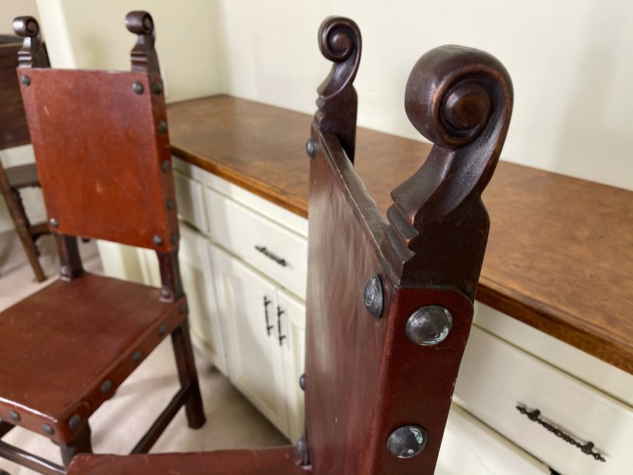 Pair Of Heavy Carved Wood And Leather Seat / Back Chairs [Photo 4]