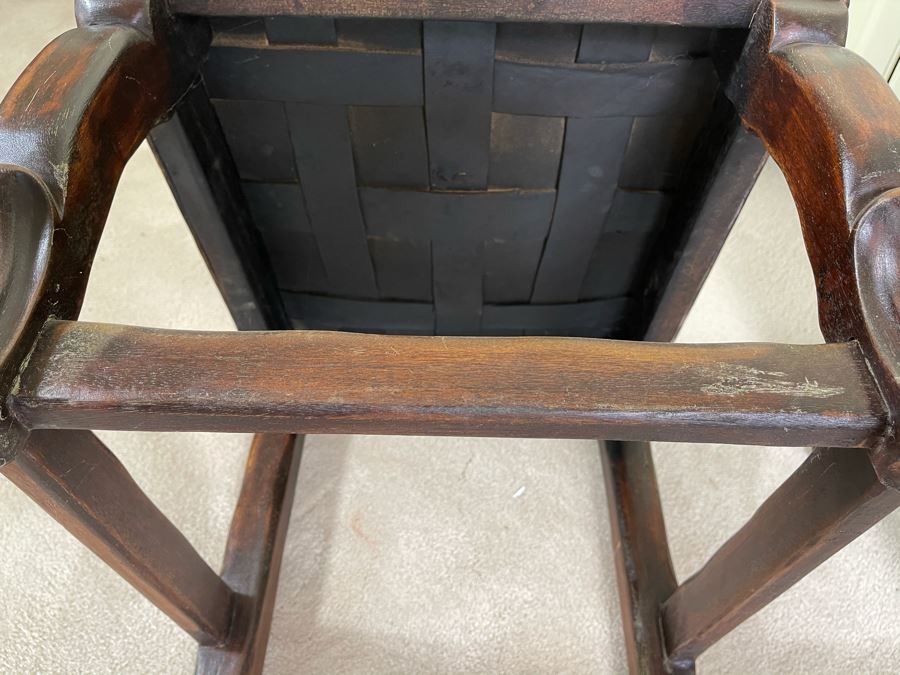 Pair Of Heavy Carved Wood And Leather Seat / Back Chairs [Photo 11]