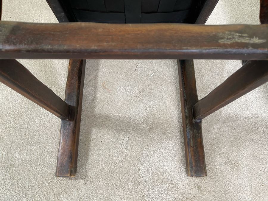 Pair Of Heavy Carved Wood And Leather Seat / Back Chairs [Photo 12]