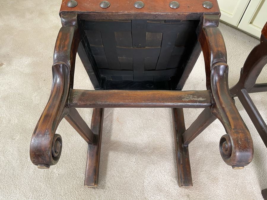 Pair Of Heavy Carved Wood And Leather Seat / Back Chairs [Photo 10]