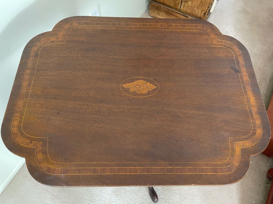 Antique Tilt Top Pedestal Table With Inlaid Shell Design (One Foot Has Been Repaired But Still Needs Attention) 26W X 19.5D X 28.5H [Photo 14]