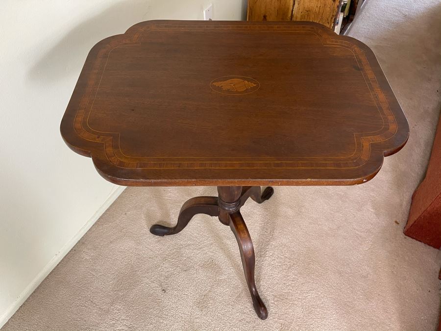 Antique Tilt Top Pedestal Table With Inlaid Shell Design (One Foot Has Been Repaired But Still Needs Attention) 26W X 19.5D X 28.5H [Photo 13]