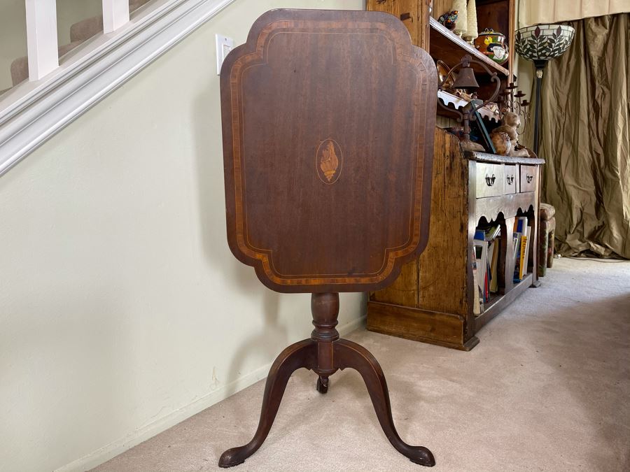 Antique Tilt Top Pedestal Table With Inlaid Shell Design (One Foot Has Been Repaired But Still Needs Attention) 26W X 19.5D X 28.5H [Photo 2]