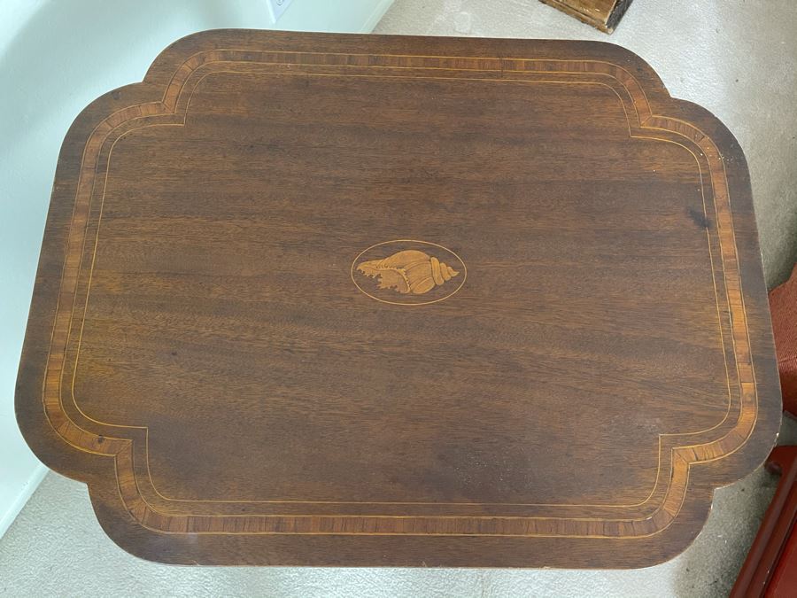 Antique Tilt Top Pedestal Table With Inlaid Shell Design (One Foot Has Been Repaired But Still Needs Attention) 26W X 19.5D X 28.5H [Photo 15]