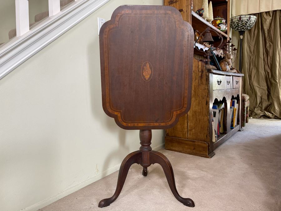 Antique Tilt Top Pedestal Table With Inlaid Shell Design (One Foot Has Been Repaired But Still Needs Attention) 26W X 19.5D X 28.5H