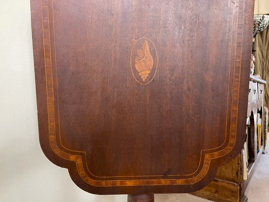 Antique Tilt Top Pedestal Table With Inlaid Shell Design (One Foot Has Been Repaired But Still Needs Attention) 26W X 19.5D X 28.5H [Photo 3]