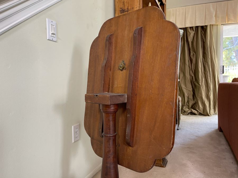 Antique Tilt Top Pedestal Table With Inlaid Shell Design (One Foot Has Been Repaired But Still Needs Attention) 26W X 19.5D X 28.5H [Photo 11]