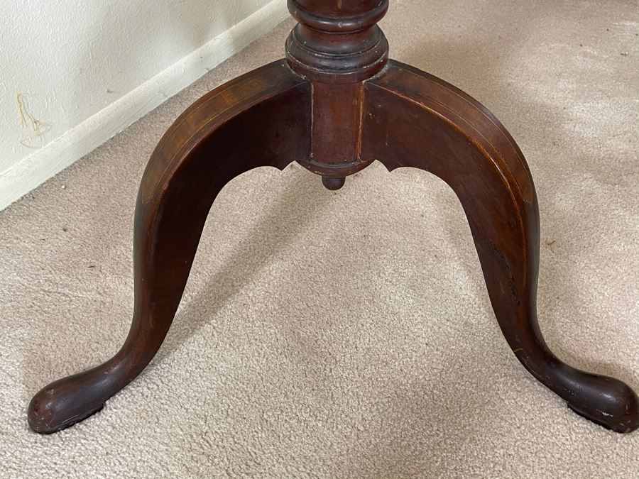 Antique Tilt Top Pedestal Table With Inlaid Shell Design (One Foot Has Been Repaired But Still Needs Attention) 26W X 19.5D X 28.5H [Photo 6]