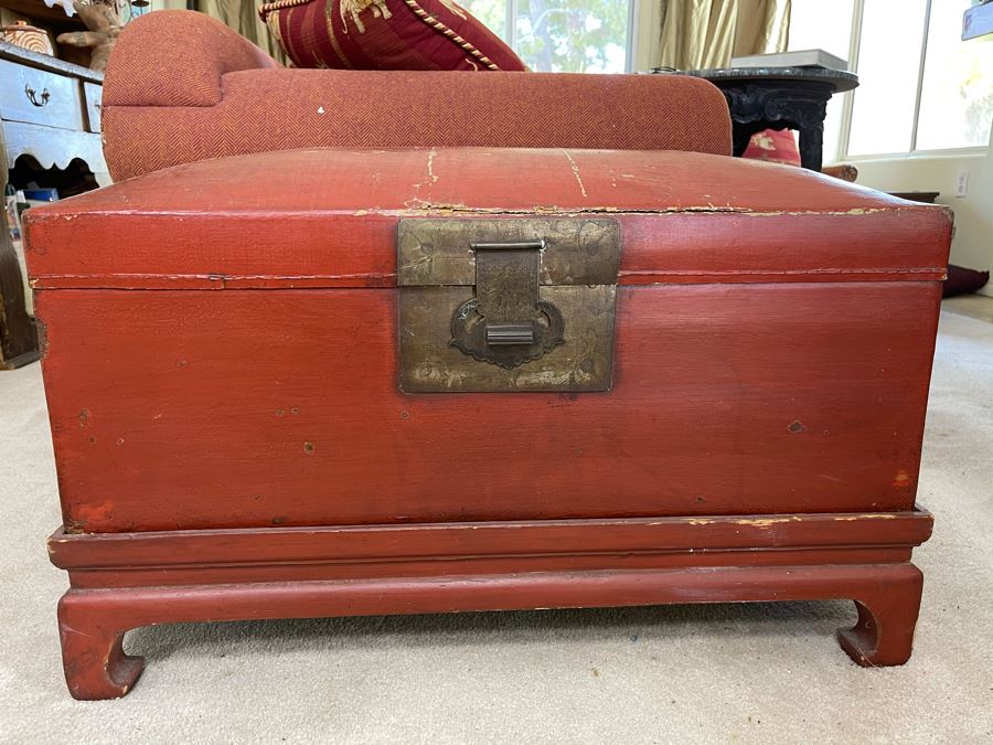 Vintage Red Asian Chest Brass Hardware Latch Is Loose And Needs Repair 30W X 19D X 19H [Photo 2]