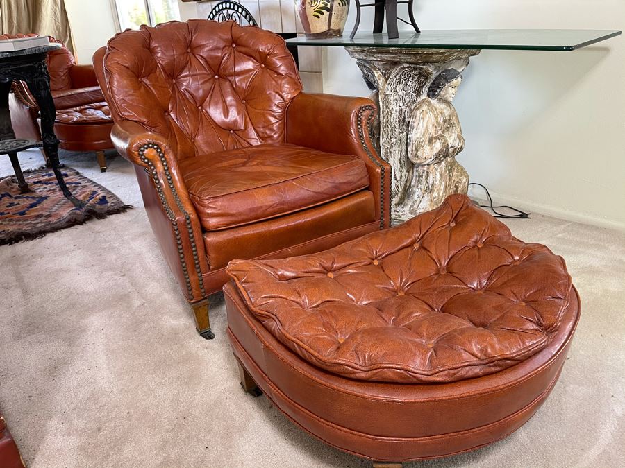 Vintage Tufted Leather Armchair With Ottoman By Century Furniture Hickory, NC [Photo 3]