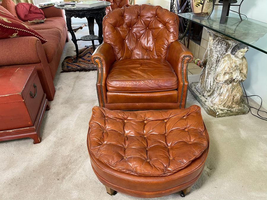 Vintage Tufted Leather Armchair With Ottoman By Century Furniture Hickory, NC [Photo 4]